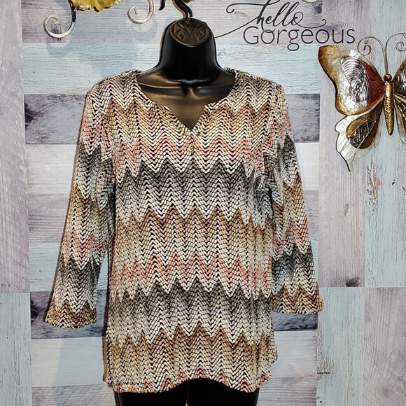 Alfred Dunner Neutral Colors Chenille Multicolor V-Neck Popover Blouse Sz S - Picture 1 of 7